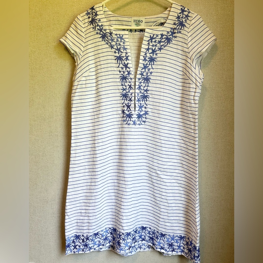 HIHO Tortola Linen Womens Sz XS Dress Striped Blue White Nautical Beach